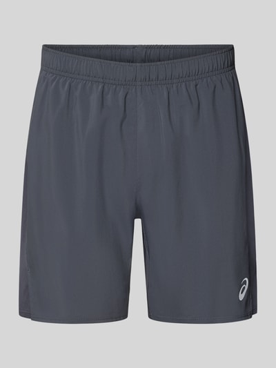 Produktfoto, Shorts mit elastischem Bund und Logo von ASICS in Dunkelgrau, glatte Textur, Regular Fit, mit Innenhose und Logo, elastischer Bund, Bundweite 37 cm, Innenbeinlänge 45 cm