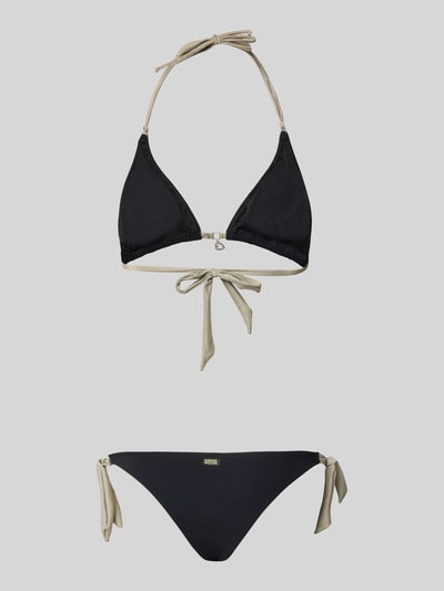 Produktfoto, Bikini mit Schnürung Modell 'YERODASIA KERANGA' von Banana Moon, Damen Bikini im Material-Mix mit Stretch-Anteil, Körpernahe Passform, Bikini-Oberteil mit Schnürung und Bikini-Hose mit Label-Detail und seitliche Schnürung, schlichte Farben, glatte Oberflächen.