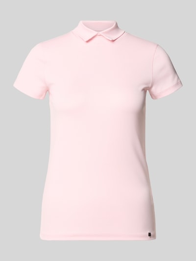 Produktfoto, Slim Fit T-Shirt mit hochschließendem Polokragen von Marc Cain, Damen T-Shirt aus Baumwoll-Elasthan-Mix, rosa, 1/2-Arm, Rückenlänge 59 cm bei Größe 36, glatte Textur, schlichte Optik