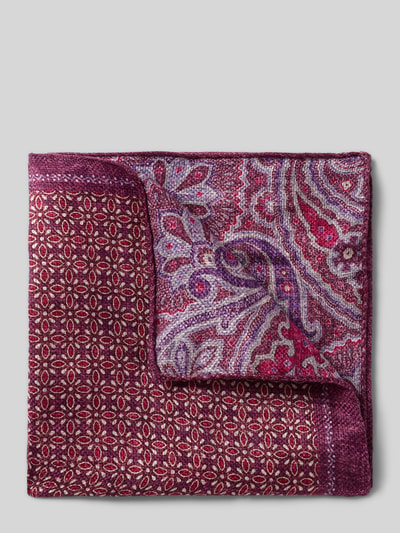 Produktfoto, Einstecktuch aus Leinen-Mix mit Seiden-Anteil von Verugia, rechteckig, Paisley- und geometrischer Allover-Print, rot-lila Töne, feine Struktur