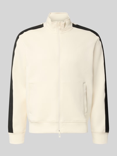 Produktfoto, Regular Fit Sweatjacke aus Baumwoll-Mix Modell 'Felpa' von Armani Exchange in Creme mit schwarzen Streifen, zweiwege-Reißverschluss, Stehkragen, elastische Abschlüsse und Eingrifftaschen, elastischer Baumwoll-Mix, Regular Fit.