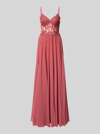 Produktfoto, Maxikleid mit Stitchings und Ziersteinbesatz von Luxuar, różowy szyfon, krój taliowany, zamknięcie na zamek, długość tyłu 126 cm, szerokość w rozmiarze 36: 41 cm