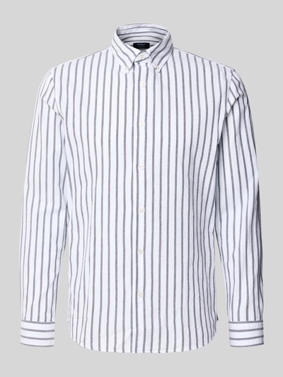 Produktfoto, Slim Fit Freizeithemd aus reiner Baumwolle von MCNEAL, weiß mit grauen Längsstreifen, Button-Down-Kragen, lange Ärmel, abgerundeter Saum, durchgehende Knopfleiste, schlichte Baumwollstruktur, Herrenhemd