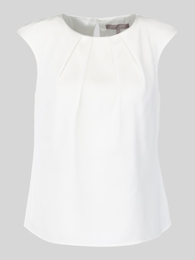 Produktfoto, Blusenshirt mit gelegten Falten von Christian Berg Woman Selection, weißer Material-Mix mit Stretch-Anteil, gerader Schnitt, Rundhalsausschnitt, Teilungsnähte, Rückenlänge bei Größe 36: 51 cm