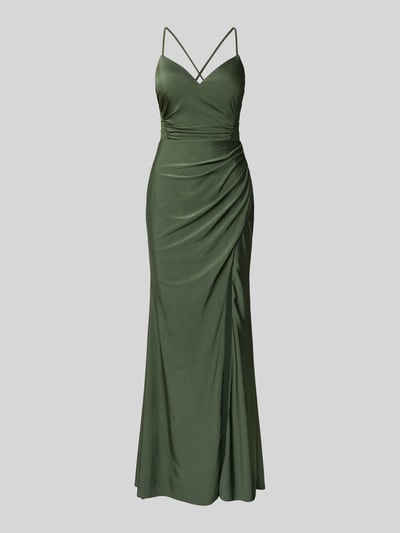 Produktfoto, Abendkleid in Maxilänge von Luxuar aus grünem Satin mit Taillierter Passform, Spaghettiträger, Herz-Ausschnitt, Raffung, gekreuztem Rücken, Ziersteinbesatz, semitransparente Partien, glattes Unterkleid, Rückenlänge bei Größe 36: 136 cm, Brustweite bei Größe 36: 42 cm.