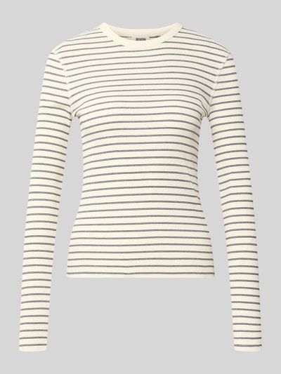 Produktfoto, Slim Fit Longsleeve aus reiner Baumwolle Modell 'NURIT' von DRYKORN, cremefarben mit schmalen schwarzen Streifen, Rundhalsausschnitt, Damen Longsleeve, glatte Textur, Länge bei Größe S 57 cm