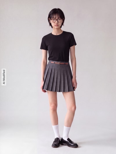 Frauenmodel trägt Slim Fit T-Shirt aus Baumwoll-Mix Modell 'RILEY' von ONLY in Schwarz, kombinierte Stoffstruktur, Ganzkörperansicht von vorne, KI-modifiziertes Bild. Damen T-Shirt von ONLY.