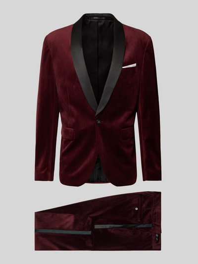 Produktfoto, Slim Fit Anzug aus Samt von Lindbergh in Dunkelrot mit Schalkragen, Knopfverschluss, Pattentaschen und Einstecktuch, samtige Textur