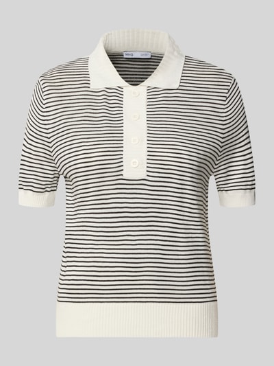 Produktfoto, Poloshirt mit gerippten Abschlüssen von MANGO, gerade Passform, schwarz-weiß gestreift, Struktur durch Rippen, kurzärmelig