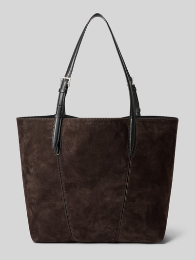 Produktfoto, Shopper aus Leder mit Logo-Prägung Modell 'UNA' von LIEBESKIND BERLIN in dunkelbraun, offenporige Struktur, lange schwarze Griffe