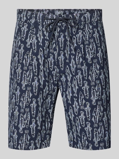 Produktfoto, Chino Shorts mit französischen Eingrifftaschen von Lerros, dunkelblau mit weißem Fischmuster, Leinen-Baumwoll-Mix, Straight, elastischer Bund mit Kordelzug, Gesäßleistentaschen, Bundweite bei Größe 32 ca. 42 cm, Innenbeinlänge ca. 24 cm.