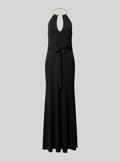 Produktfoto, schwarzes Abendkleid mit Neckholder in Ring-Optik von Rinascimento, Maxikleid aus Material-Mix mit Stretch-Anteil, Körpernaher-Schnitt, V-Ausschnitt, Bindegürtel, Rückenlänge bei Größe S 123 cm, Brustweite 35 cm