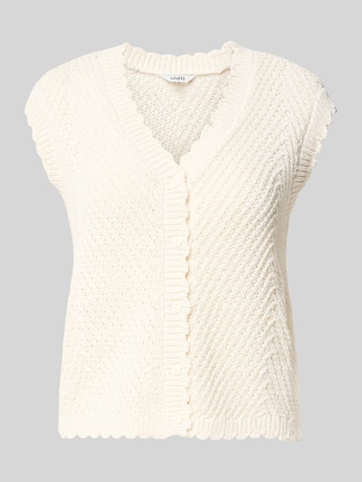 Produktfoto, cremefarbene Strickweste mit V-Ausschnitt Modell 'Maisa' von mbyM im Grobstrick, Knopfleiste, Material-Mix mit Baumwoll-Anteil, Gerader-Schnitt, Rückenlänge 52 cm bei Größe S