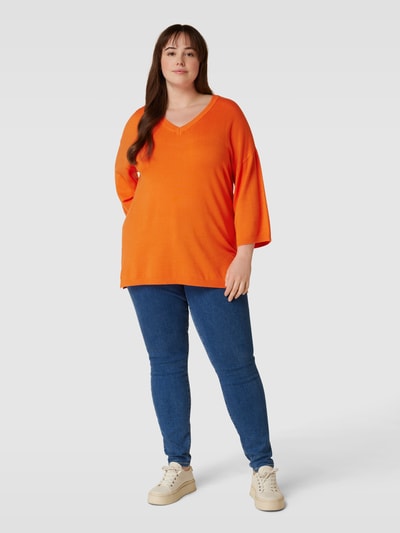 Fransa Plus Sweter z dzianiny PLUS SIZE z dekoltem w serek model ‘Blume’ Pomarańczowy 1