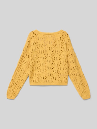 Produktfoto, Regular Fit Cardigan mit Viskose-Anteil Modell 'Isla' von Mango in Gelb, V-Ausschnitt, Lochmuster, Langarm, strukturierte Textur