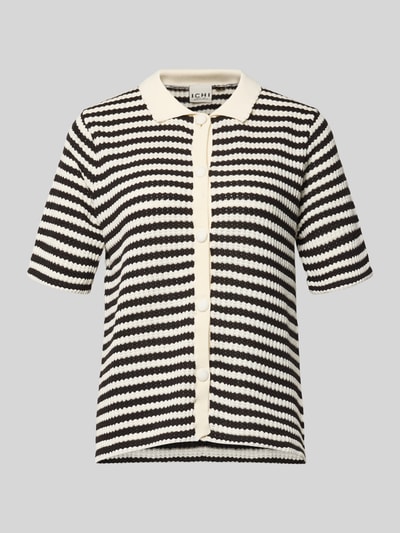 Produktfoto, T-Shirt mit Polokragen und Knopfleiste Modell 'LORIANNA' von ICHI, schwarz-weiß gestreift, gerader Schnitt, feine Textur, Damen T-Shirt