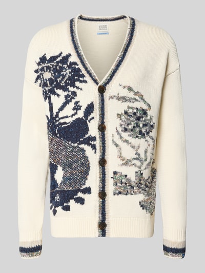 Produktfoto, Strickjacke mit V-Ausschnitt Modell 'INTARSIA' von Scotch & Soda aus cremefarbenem Baumwoll-Mix mit Woll-Anteil, Allover-Muster, V-Ausschnitt und Knopfleiste.
