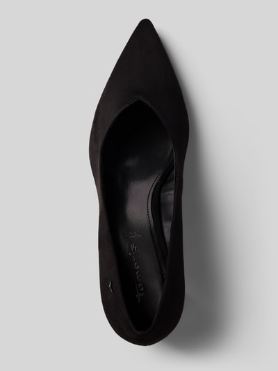Produktfoto, Pumps mit Logo-Detail von Tamaris in Schwarz mit spitzer Schuhspitze, Flare Heel, Animal Print, strukturierter Sohle, Webware