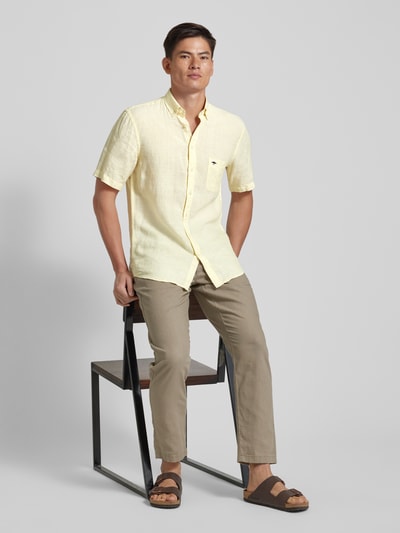 Fynch-Hatton Koszula casualowa z lnu z kołnierzykiem typu button down model ‘Summer’ Jasnożółty 1