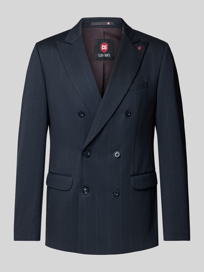 Produktfoto, dunkelblaues Slim Fit Sakko mit feinen Streifen, Pattentaschen, Reverskragen, Modell 'Gringo' von CG – CLUB of GENTS, Material-Mix mit Viskose-Anteil, Zweireiher, Knopfverschluss, hochwertige Textur