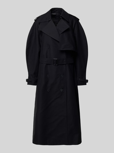 Productfoto, zwarte Trenchcoat uit pure katoen van Anine Bing, getailleerde pasvorm, dubbele knoopsluiting, riem, reverskraag, gladde textuur.