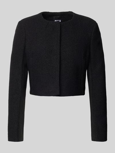 Produktfoto, Boxy Fit Kurzblazer aus reiner Schurwolle Modell 'JICENA' von BOSS, czarny, jednolity kolor, okrągły dekolt, długie rękawy, boczne kieszenie, ukryte zapięcie, tekstura wełny