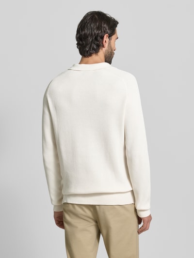 Männermodel trägt Strickpullover aus reiner Baumwolle Modell 'NORDIN' von Casual Friday in Creme mit Rippstrick-Optik, Ganzkörperansicht Rückansicht.