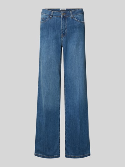 Produktfoto, Flared Jeans mit Eingrifftaschen von MORE & MORE, blauer Baumwoll-Elasthan-Mix, sichtbare Nähte, strukturierte Oberfläche.