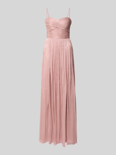 Produktfoto, Abendkleid mit Seitenschlitz und Spaghettiträgern von Luxuar in schimmerndem Rosé, A-Linie, Maxikleid, strukturierter Stoff