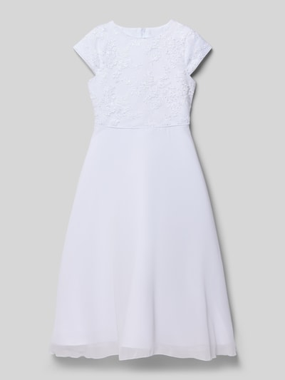 Produktfoto, Maxikleid mit Rundhalsausschnitt von DANAMADE, taillierter Schnitt, Schleifen-Detail, Nahtreißverschluss, blickdichtes Unterkleid, weiß, glatte Struktur, zarte Blumenapplikationen am Oberteil, rückwärtige Rückenlänge bei Größe 134: 97 cm, Ärmellänge 10 cm.