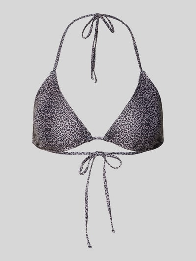 Produktfoto, Bikini-Oberteil mit rückseitiger Schnürung Modell 'BAOMI' von Pieces, Optik:Allover-Muster, Trägerform:Neckholder, ohne Bügel, gefüttert, herausnehmbare Cups, Verschluss(Oberteil):Schnürverschluss, graue und schwarze Farbtöne, feine Struktur.