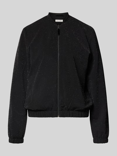 Produktfoto, schwarze 'Sch immernde Jacke mit Reißverschluss und Eingrifftaschen' von Christian Berg Woman, Material-Mix mit Stretch-Anteil, Regular Fit, Stehkragen, feine Glanzeffekte, sichtbarer Reißverschluss und Eingrifftaschen auf glatter Oberfläche.
