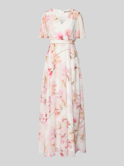Produktfoto, Maxikleid im Allover-Look mit Taillenband von Christian Berg Cocktail, biały szyfon, różowe i żółte kwiaty, krój taliowany, V-dekolt, długość tyłu w rozmiarze 36: 150 cm, szerokość w rozmiarze 36: 43 cm, długość rękawa w rozmiarze 36: 25 cm