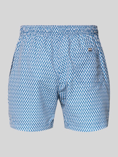 Produktfoto, Badeshorts mit Allover-Muster Modell 'VIBE' von BOSS in Blau und Weiß, elastischer Bundabschluss, Tunnelzug, seitliche Eingrifftaschen, Gesäßtasche, Label-Patch, Logo-Stitching, Textur glatt, Optik:Allover-Muster.