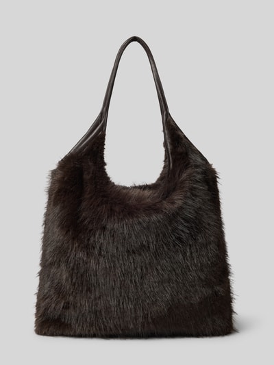 Produktfoto, Tote Bag aus Kunstfell von Luisa Cerano, braune Kunstfell-Oberfläche, schwarzer Schulterriemen, rechteckige Form, Leder-Optik, offenes Hauptfach, Größe 31x37x4 cm, Schulterriemen 32 cm.
