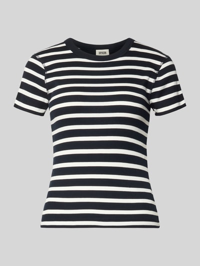 Produktfoto, T-Shirt mit Rundhalsausschnitt Modell 'KOALE' von Drykorn, czarna i biała cienka bawełna, krój slim fit, drobny prążkowany materiał
