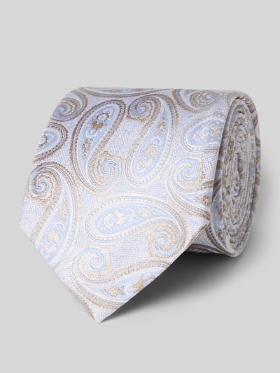 Produktfoto, Seidenkrawatte im Allover-Look (7,5 cm) von OLYMP in Beige und Hellblau mit Paisley-Muster, klassische Form, Label-Detail, reine Seide, Handmade, Breite 8 cm