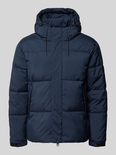 Produktfoto, Steppjacke mit Kapuze von Pepe Jeans in Dunkelblau, unifarben, reines Polyester, elastische Abschlüsse, verdeckter Reißverschluss