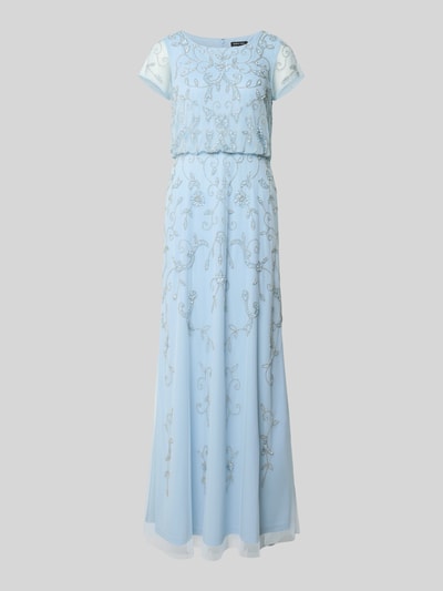 Produktfoto, Regular Fit Maxikleid mit Ziersteinbesatz von Adrianna Papell, florales Stitching, Pailettenbesatz, hellblau, Transparenz-Effekt.