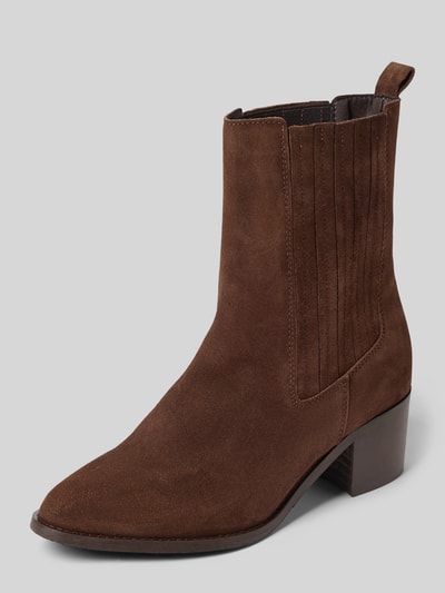 Produktfoto, Stiefel aus echtem Leder in Velours-Optik von BIANCO, braun, glatte Sohle, 5 cm Absatz, Struktur und Form klar erkennbar. Damen Stiefel, schmale Passform, Schafthöhe 17 cm, Schaftweite 13 cm.