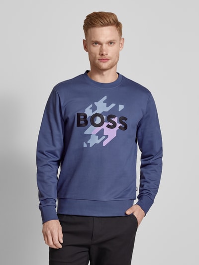 BOSS Sweatshirt met labelstitching, model 'Soleri' Marineblauw - 4