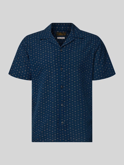 Produktfoto, Regular Fit Freizeithemd aus Baumwoll-Leinen-Mix Modell 'SUMMER' von JACK & JONES im Allover-Look, dunkelblau mit kleinen Mustern, Kurzarm, Knopfleiste, Reverskragen, Kontext: Herren Freizeithemd, Premium, Rückenlänge bei Größe M 72 cm, Schulterbreite 48 cm, Ärmellänge 23 cm