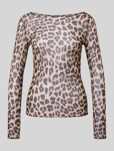 Produktfoto, Longsleeve aus Viskose-Mix von ZABAIONE im semitransparenten Leoparden-Design, körpernaher Schnitt, U-Boot-Ausschnitt, Größe S, Rückenlänge 59 cm.