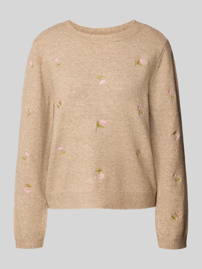 ONLY Pullover mit floraler Stickerei Sand Melange 1