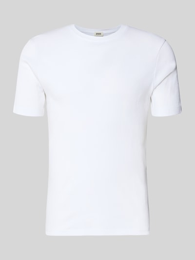 Produktfoto, weißes T-Shirt mit Rundhalsausschnitt Modell 'ENIL' von Drykorn aus reiner Baumwolle, Slim Fit, glatte Textur, neutrale Farben.