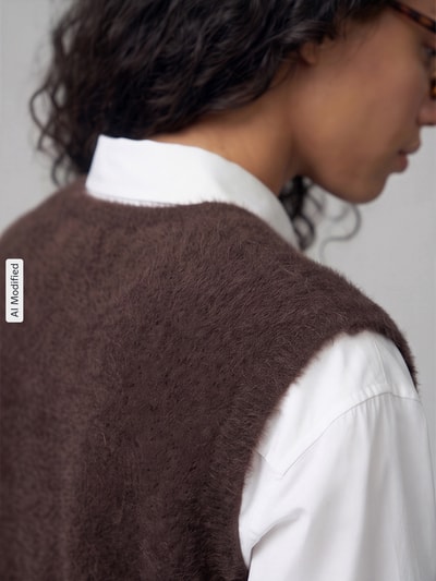 Frauenmodel trägt Regular Fit Strickweste mit Woll-Anteil Modell 'Porah' von OPUS PANTS in Braun, strukturierte Stricktextur, Nahaufnahme Oberkörper, KI-modifiziertes Bild.