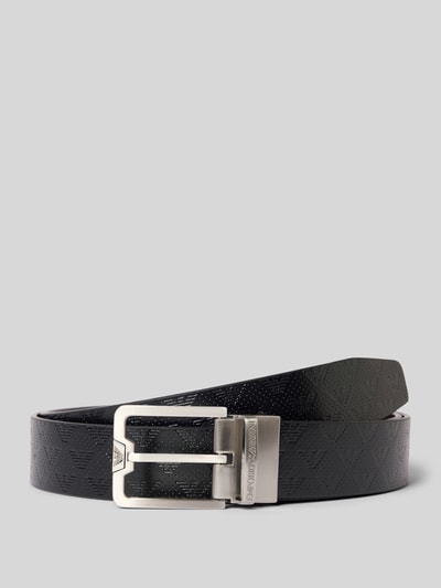 Produktfoto, Gürtel aus echtem Rindsleder mit Dornschließe von Emporio Armani, schwarzes Strukturmuster, silberne Schnalle, Breite 4 cm