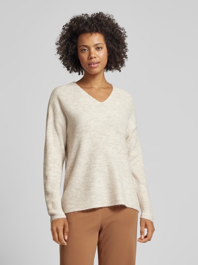 Vero Moda Sweter z dzianiny o kroju regular fit z dekoltem w serek model ‘CREWLEFILE’ Beżowy 4