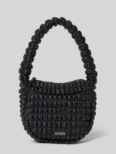 Produktfoto, schwarze Henkeltasche mit Label-Applikation Modell 'Mhati' von HUGO, unifarbene Lederoptik, quadratische Form, texturierte Oberfläche