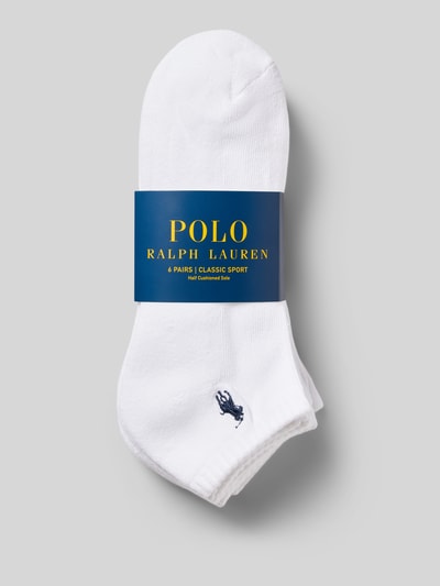 Produktfoto, weiße Füsslinge aus Baumwoll-Mix im 6er-Pack von Polo Ralph Lauren Underwear, schlichte Struktur, Logo auf Vorderseite.